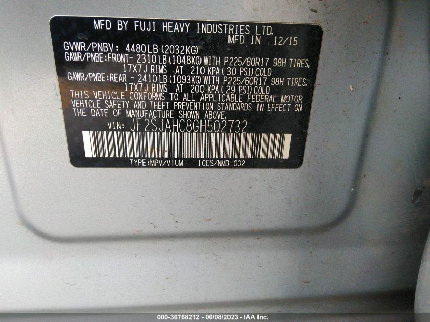2016 SUBARU FORESTER 2.5I LIMITED - JF2SJAHC8GH502732