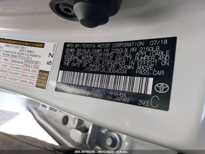 VIN JTDKARFUXJ3064034 2018 TOYOTA PRIUS TWO/TWO ECO/THREE
