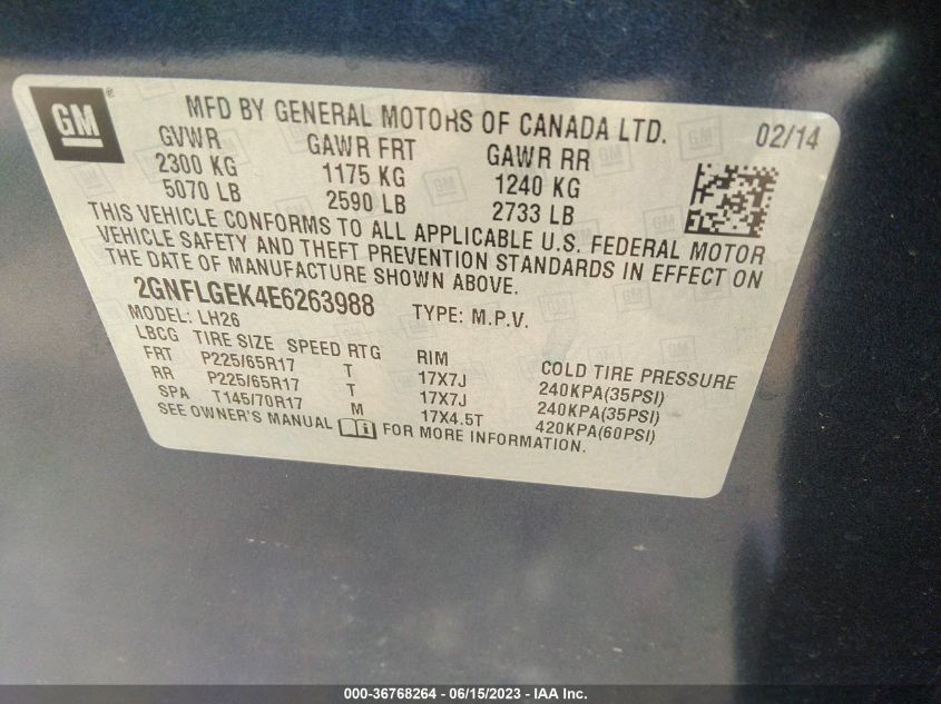 2014 CHEVROLET EQUINOX LT - 2GNFLGEK4E6263988