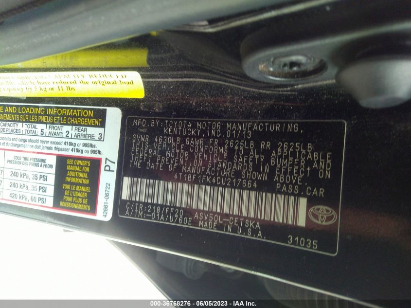 2013 TOYOTA CAMRY L/SE/LE/XLE - 4T1BF1FK4DU217664