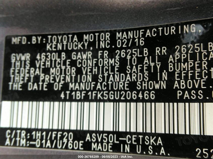 2016 TOYOTA CAMRY XLE/SE/LE/XSE - 4T1BF1FK5GU206466