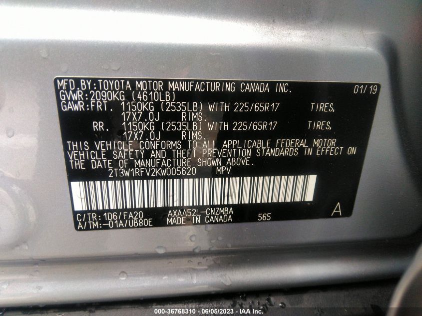 2019 TOYOTA RAV4 XLE - 2T3W1RFV2KW005620