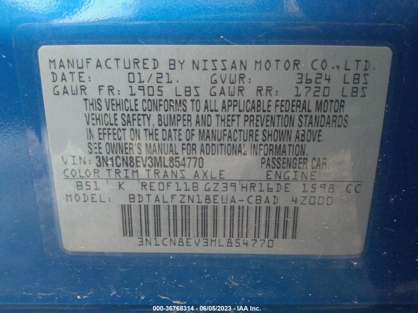 2021 NISSAN VERSA SV - 3N1CN8EV3ML854770