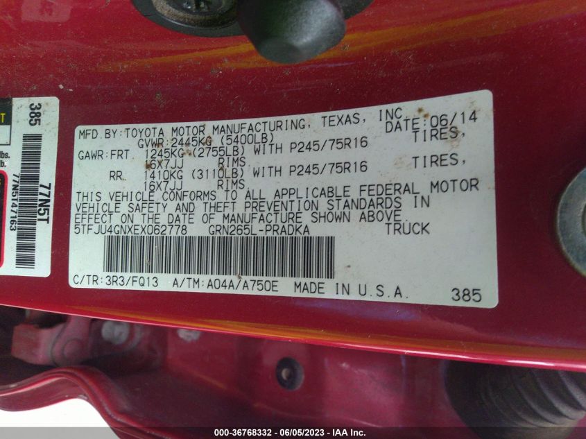 2014 TOYOTA TACOMA PRERUNNER - 5TFJU4GNXEX062778