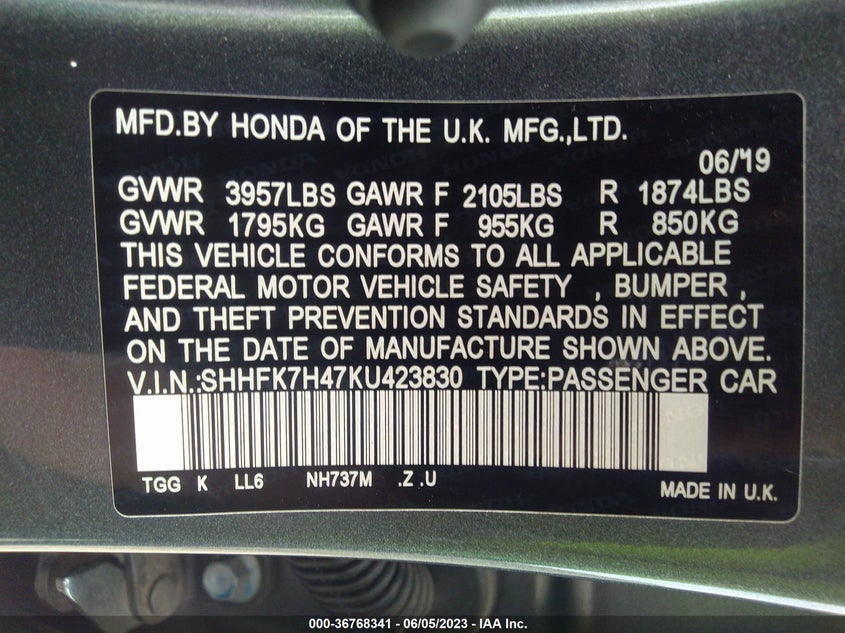 VIN SHHFK7H47KU423830 2019 HONDA CIVIC HATCHBACK SPORT