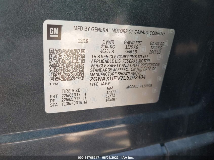 2020 CHEVROLET EQUINOX LT - 2GNAXUEV7L6192404