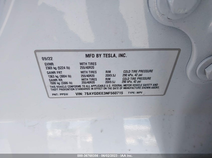 VIN 7SAYGDEE3NF560715 2022 TESLA MODEL Y LONG RANGE