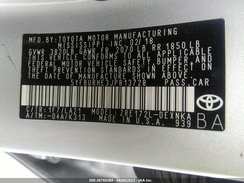 2018 TOYOTA COROLLA L/LE/XLE/SE/XSE - 5YFBURHE3JP813728