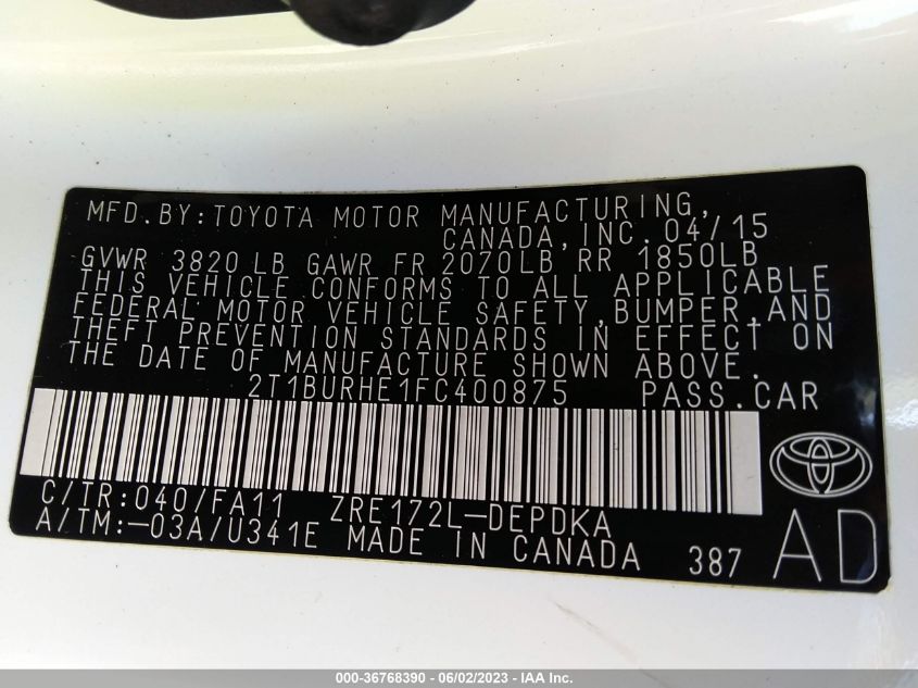2015 TOYOTA COROLLA L/LE/S/S PLUS/LE PLUS - 2T1BURHE1FC400875