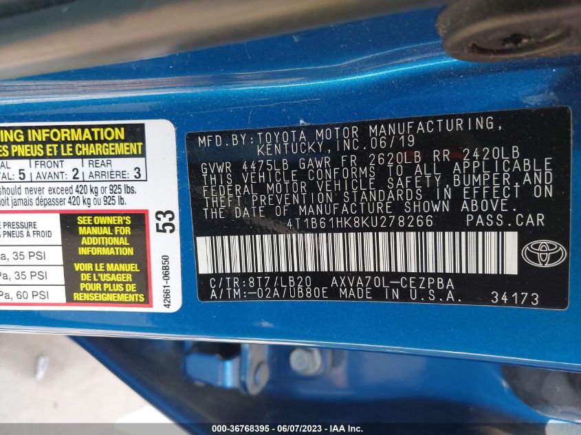 2019 TOYOTA CAMRY XSE - 4T1B61HK8KU278266