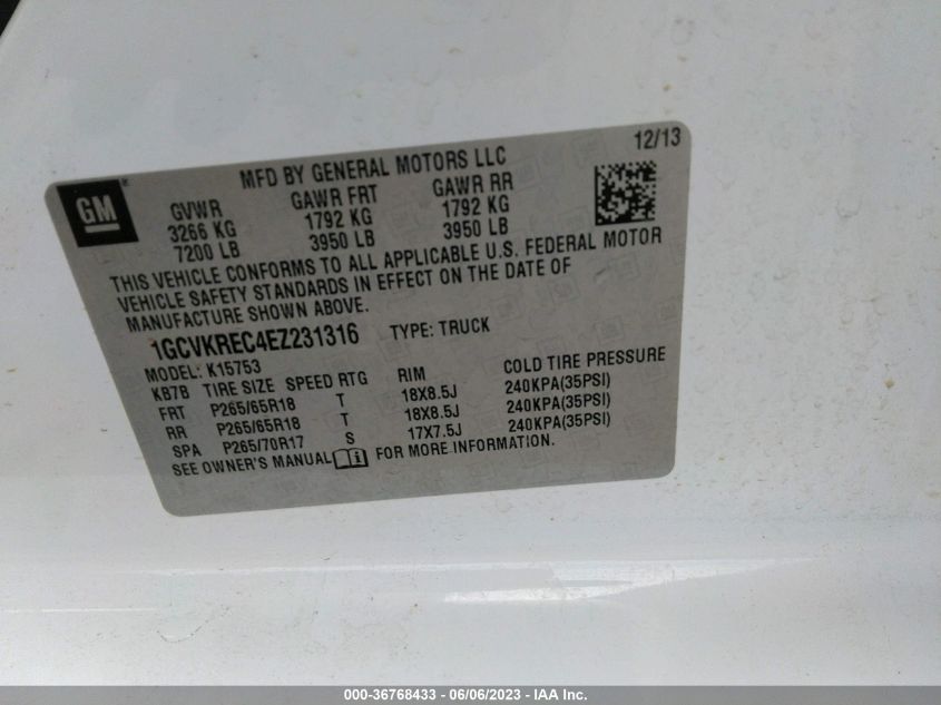2014 CHEVROLET SILVERADO 1500 LT - 1GCVKREC4EZ231316