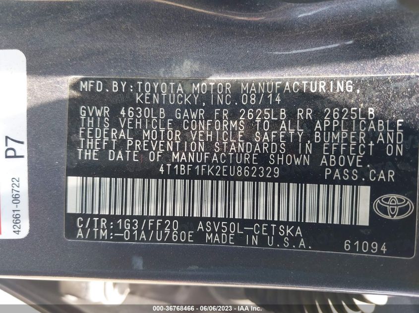 2014 TOYOTA CAMRY L/LE/XLE/SE/SE SPORT - 4T1BF1FK2EU862329