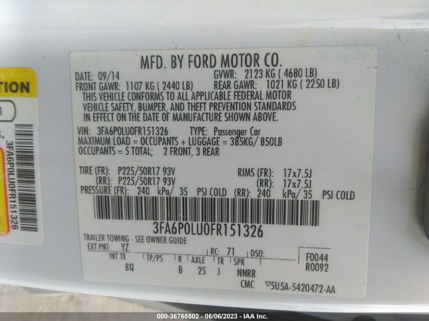 2015 FORD FUSION SE HYBRID - 3FA6P0LU0FR151326