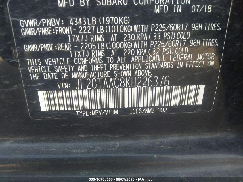 2019 SUBARU CROSSTREK - JF2GTAAC8KH226376
