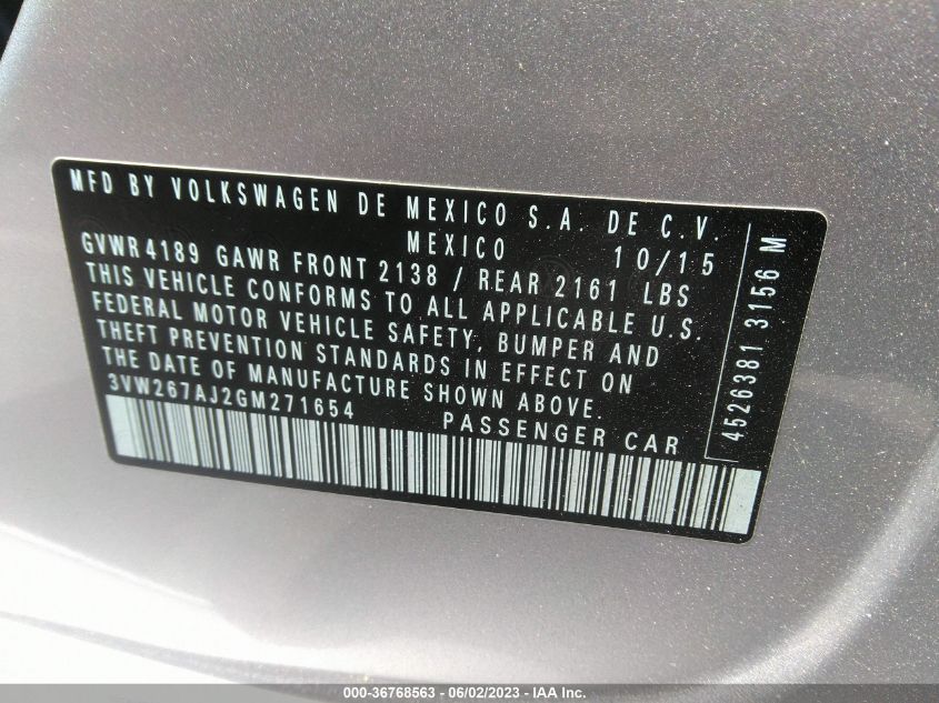 2016 VOLKSWAGEN JETTA SEDAN 1.4T S - 3VW267AJ2GM271654