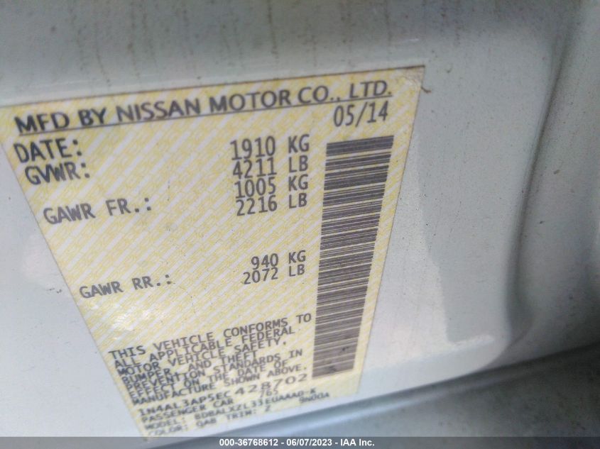 2014 NISSAN ALTIMA 2.5/S/SV/SL - 1N4AL3AP5EC428702