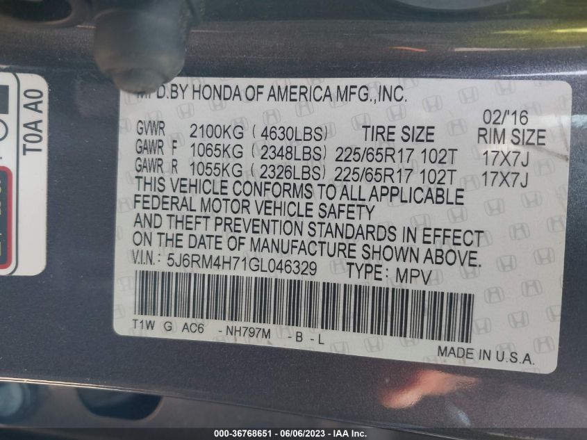 2016 HONDA CR-V EX-L - 5J6RM4H71GL046329