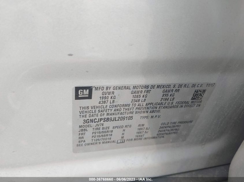 2018 CHEVROLET TRAX LT - 3GNCJPSB9JL209105
