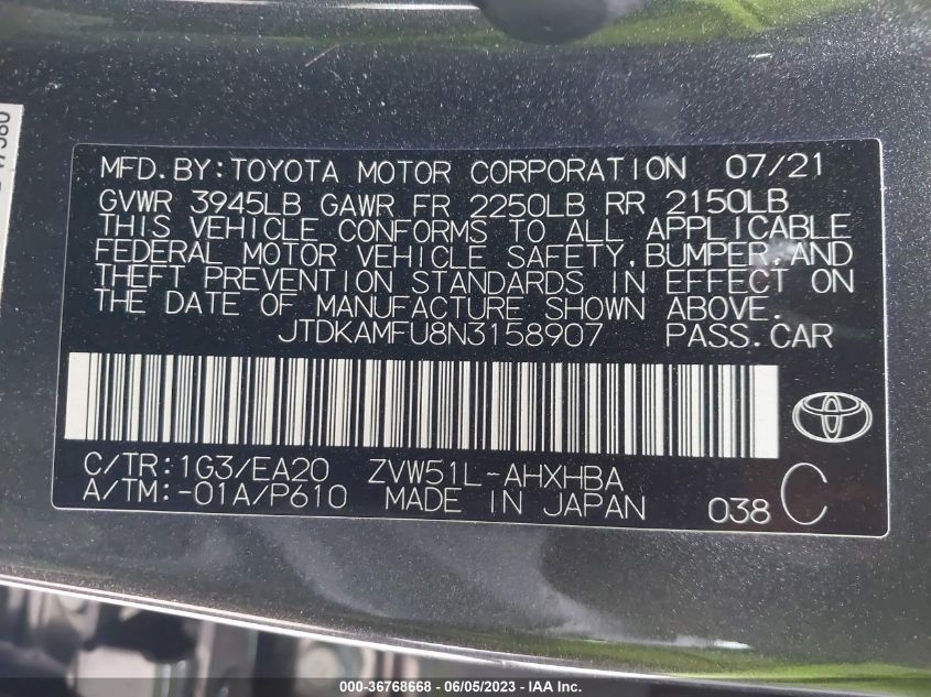 2022 TOYOTA PRIUS L - JTDKAMFU8N3158907