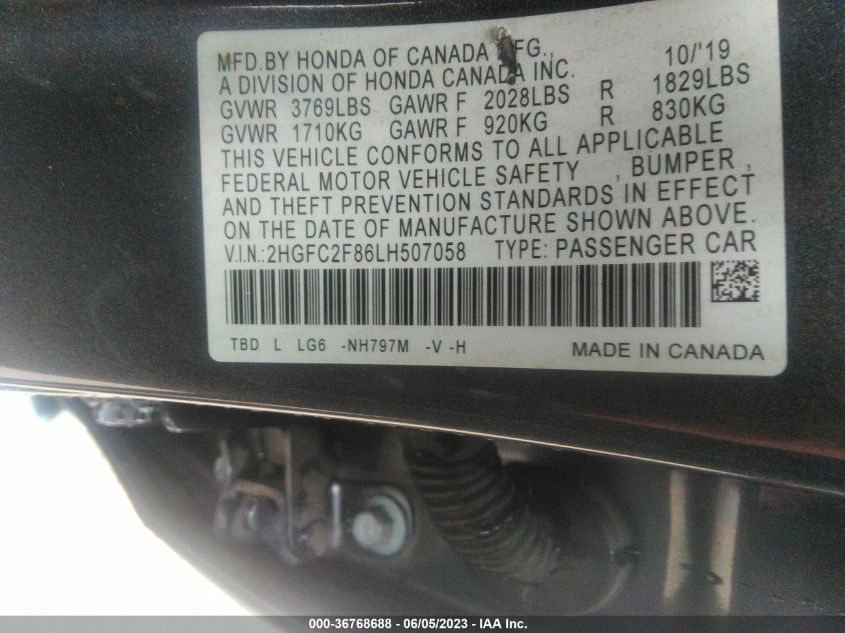 2020 HONDA CIVIC SEDAN SPORT - 2HGFC2F86LH507058