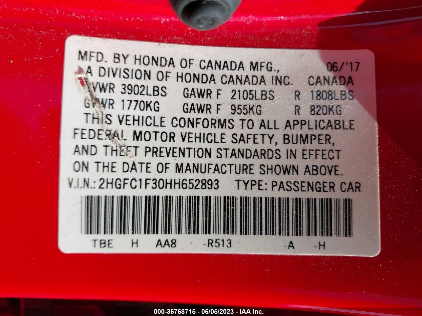 2017 HONDA CIVIC SEDAN EX-T - 2HGFC1F30HH652893