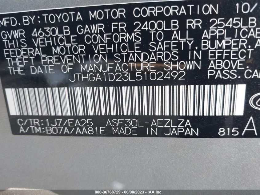 2020 LEXUS IS IS 300 F SPORT - JTHGA1D23L5102492