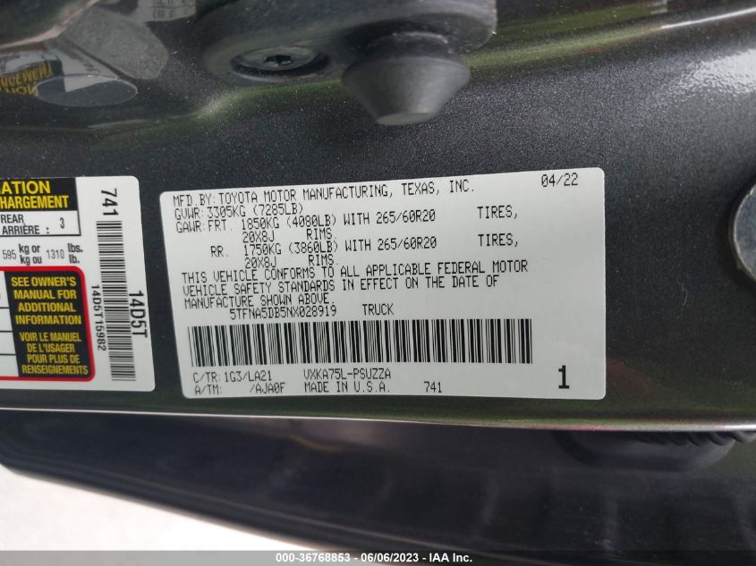 2022 TOYOTA TUNDRA 4WD PLATINUM - 5TFNA5DB5NX028919