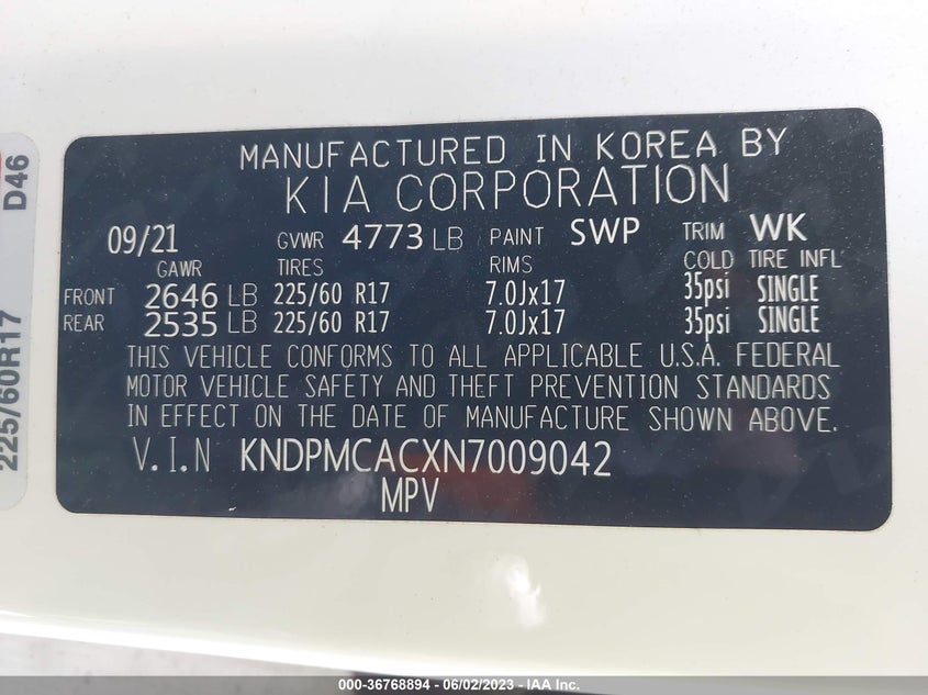 VIN KNDPMCACXN7009042 2022 KIA SPORTAGE LX