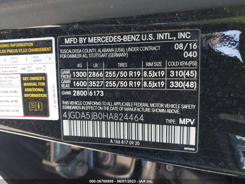 VIN 4JGDA5JB0HA824464 2017 MERCEDES-BENZ GLE GLE 350