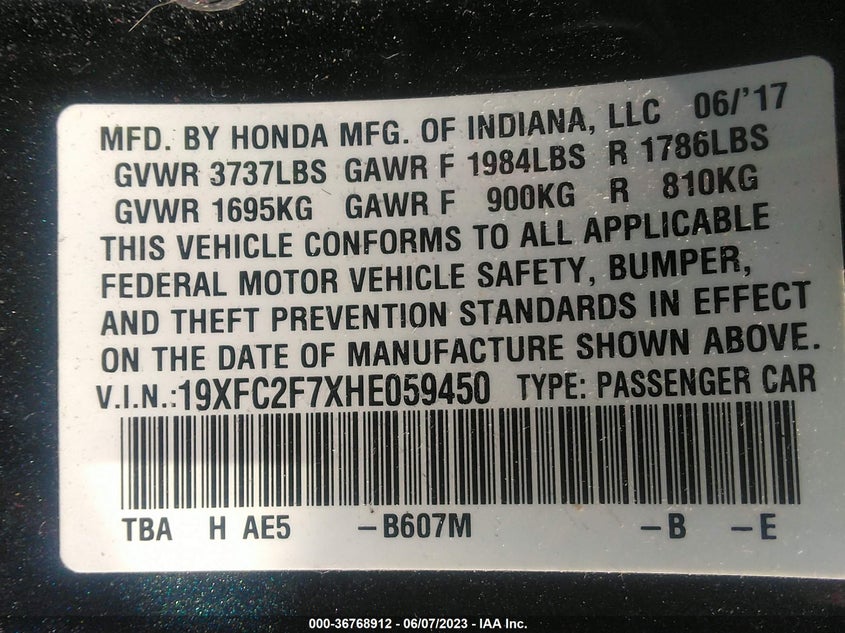 VIN 19XFC2F7XHE059450 2017 HONDA CIVIC SEDAN EX