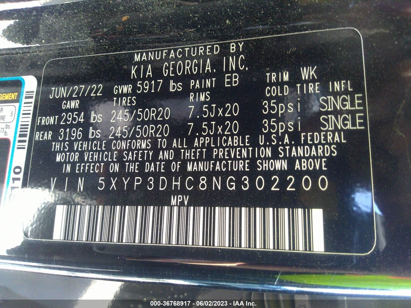 VIN 5XYP3DHC8NG302200 2022 KIA TELLURIDE EX