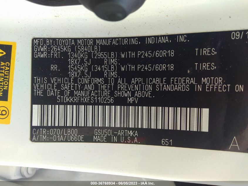2015 TOYOTA HIGHLANDER XLE - 5TDKKRFHXFS110256