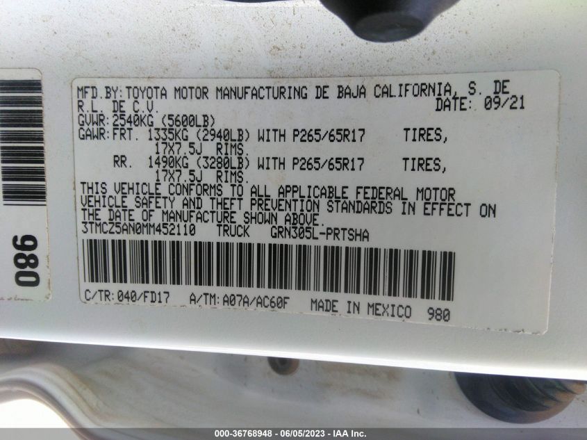 2021 TOYOTA TACOMA 4WD SR/SR5/TRD SPORT - 3TMCZ5AN0MM452110