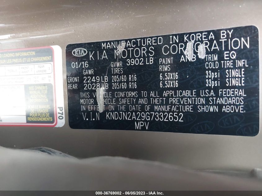 2016 KIA SOUL BASE - KNDJN2A29G7332652