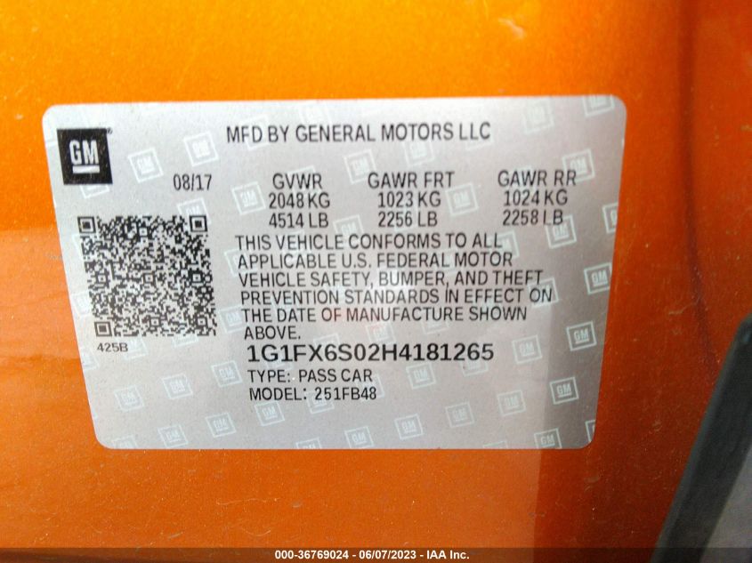 2017 CHEVROLET BOLT EV PREMIER 1G1FX6S02H4181265