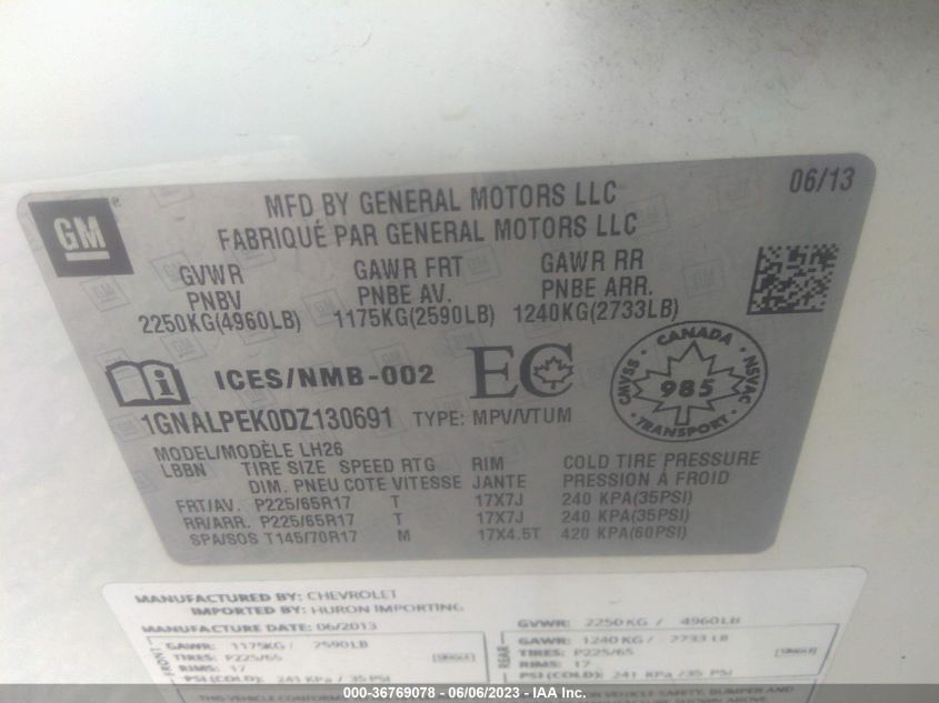 2013 CHEVROLET EQUINOX LT - 1GNALPEK0DZ130691