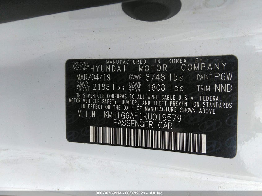 VIN KMHTG6AF1KU019579 2019 HYUNDAI VELOSTER 2.0