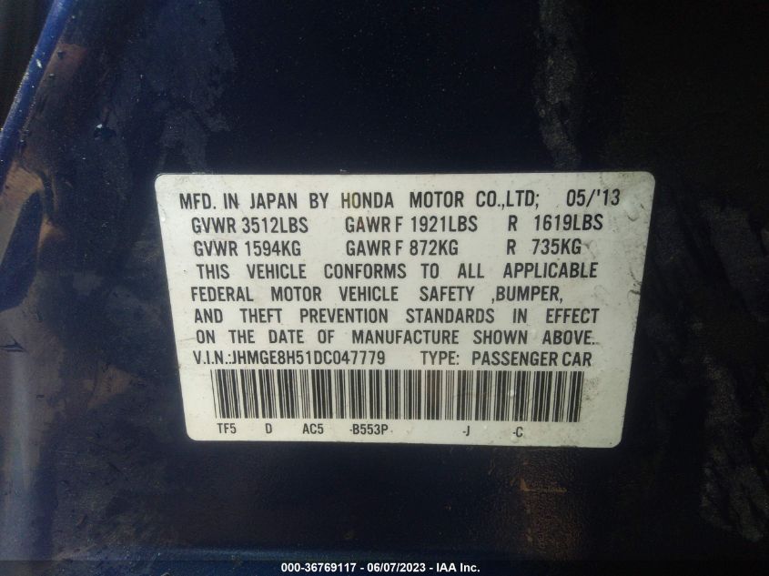 2013 HONDA FIT SPORT - JHMGE8H51DC047779