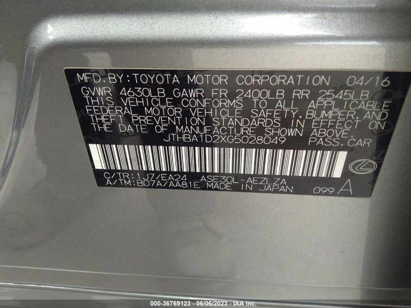 2016 LEXUS IS 200T JTHBA1D2XG5028049