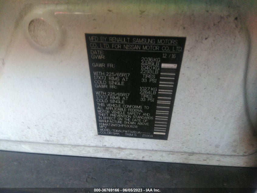 VIN KNMAT2MT0HP530628 2017 NISSAN ROGUE S/SV
