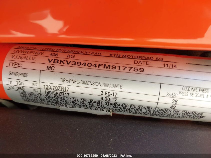 2015 KTM 1290 SUPER DUKE R VBKV39404FM917759