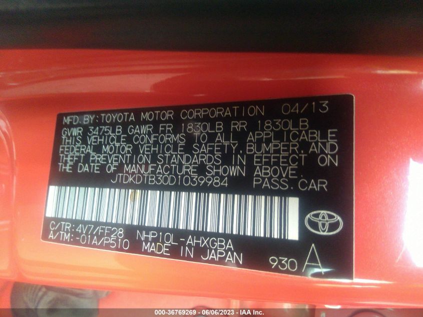 2013 TOYOTA PRIUS C - JTDKDTB30D1039984