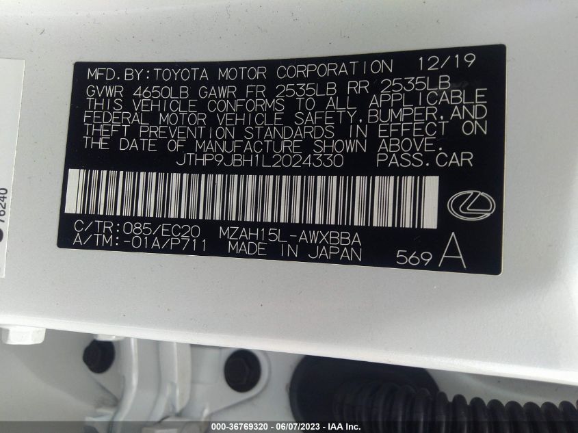 2020 LEXUS UX UX 250H JTHP9JBH1L2024330