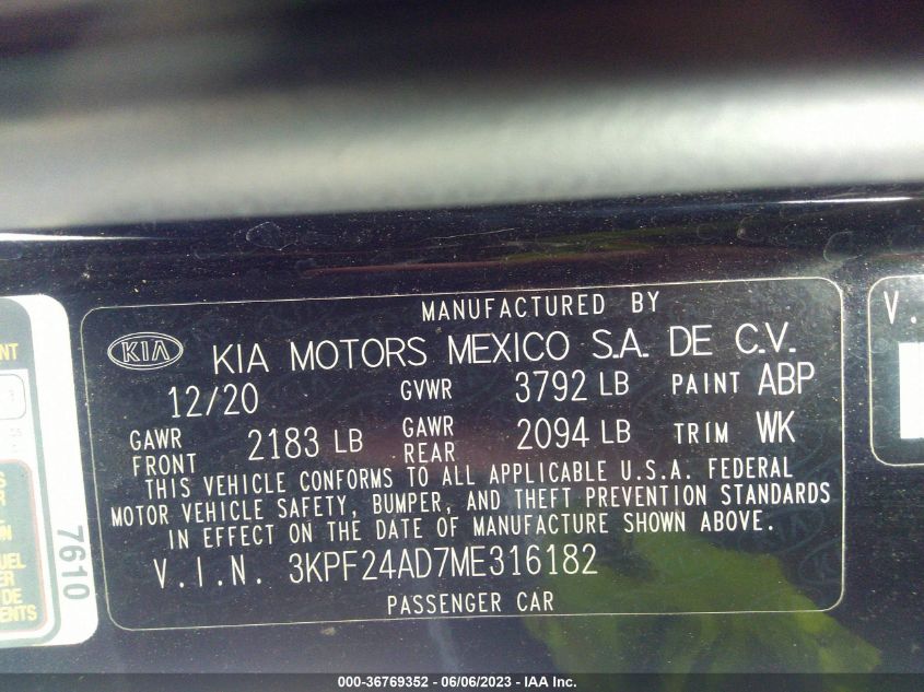 2021 KIA FORTE LXS - 3KPF24AD7ME316182