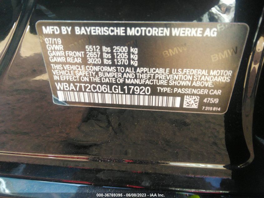 2020 BMW 7 SERIES 740I - WBA7T2C06LGL17920