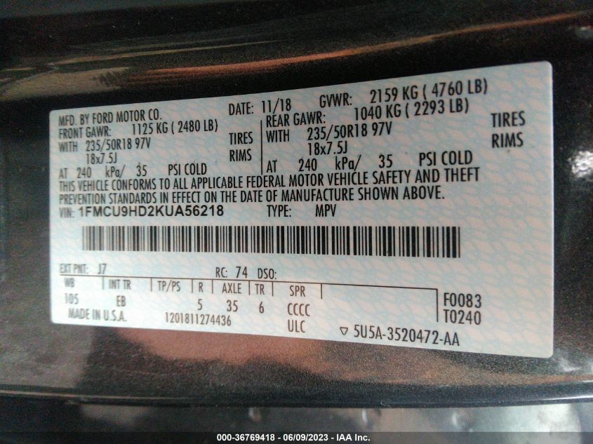 2019 FORD ESCAPE SEL - 1FMCU9HD2KUA56218