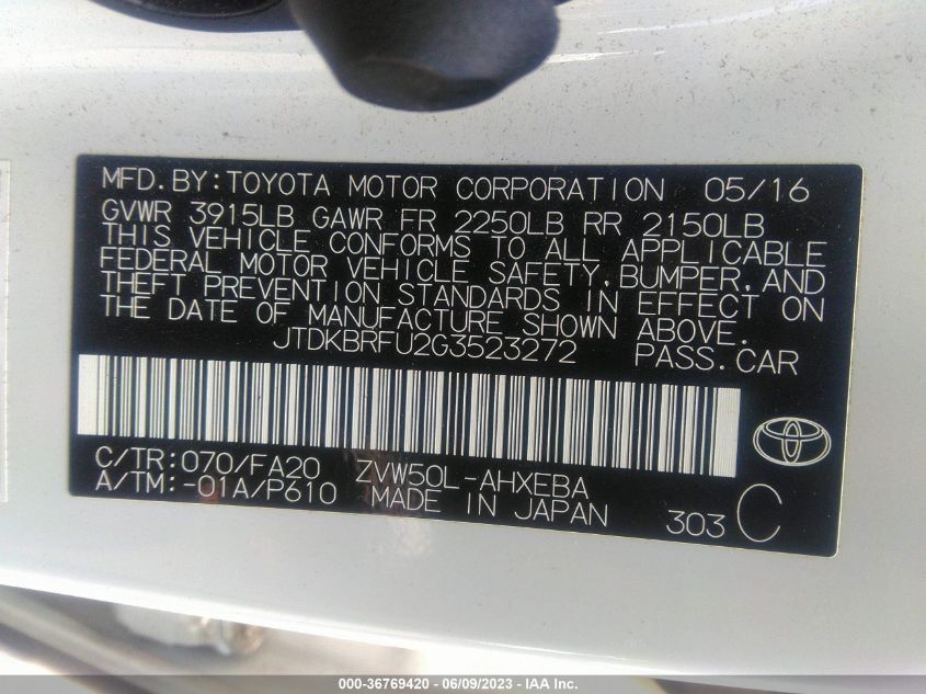 2016 TOYOTA PRIUS TWO - JTDKBRFU2G3523272