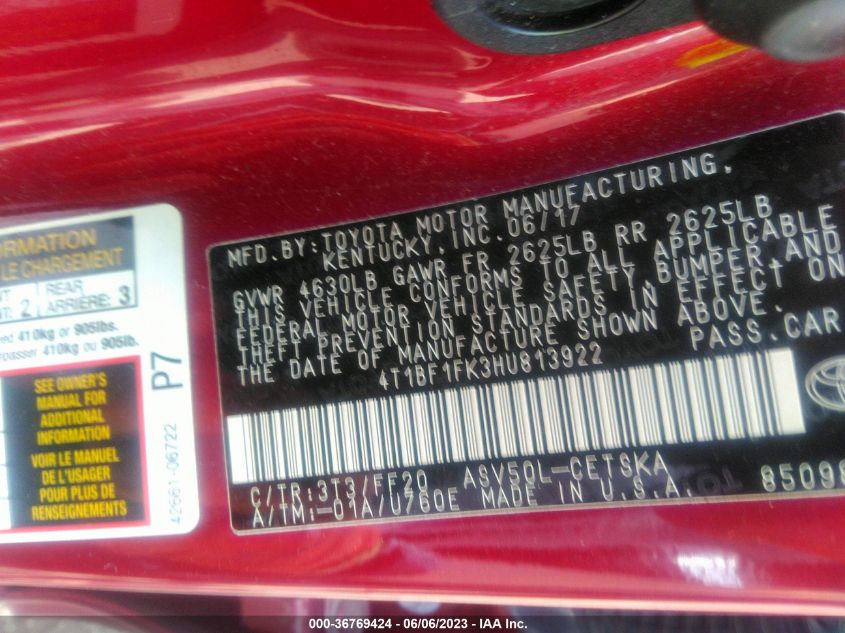 2017 TOYOTA CAMRY XLE/SE/LE/XSE - 4T1BF1FK3HU813922
