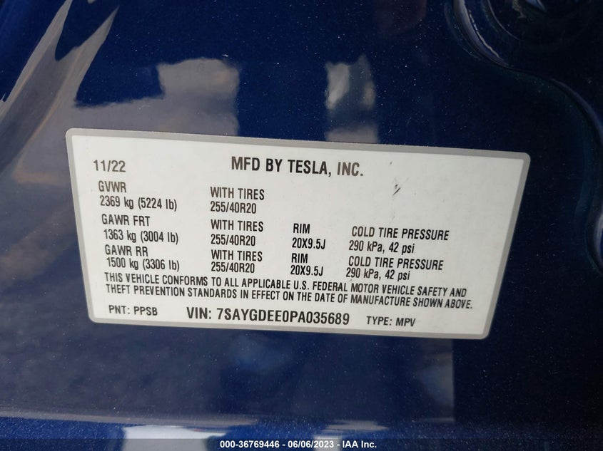 VIN 7SAYGDEE0PA035689 2023 TESLA MODEL Y LONG RANGE