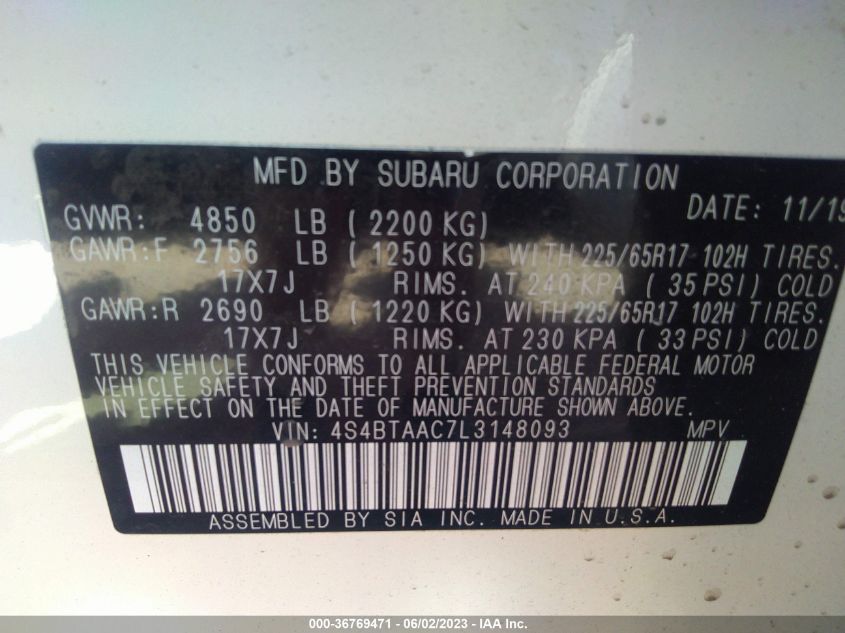2020 SUBARU OUTBACK - 4S4BTAAC7L3148093